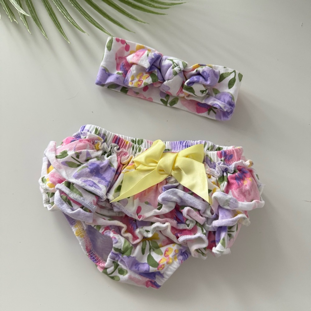 Floral Ruffle diaper cover with matching headband NWOT
